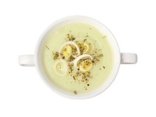 Delicious cream soup with leek and spices in bowl isolated on white, top view