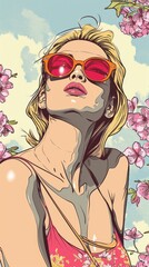 Beautiful 90s Woman Upper Body Spring Vintage Comic Style Poster Background - 1990s Girl Cartoon Spring Wallpaper created with Generative AI Technology