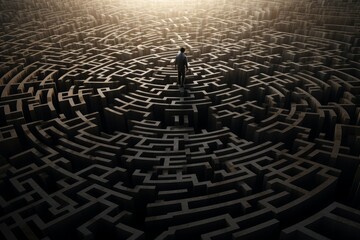 Disoriented Man stuck in the middle of maze. Confused male blocked in round labyrinth. Generate ai