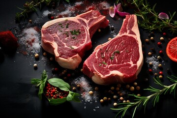 Fresh Raw lamb meat chop steaks on kitchen table with spices and herbs. Black background.