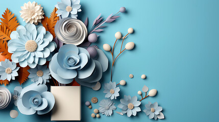 Celebrations background banner in blue color with copy space, backdrop with flowers and gift boxes for a sales campaign