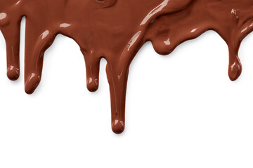 Tasty melted milk chocolate pouring down on white background - obrazy, fototapety, plakaty