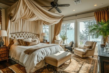Classic luxury bedroom interior in light pastel and beige colors