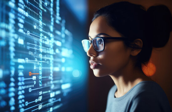 A girl looks at a holographic image of data, new technologies for displaying digital data