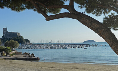 View on Lerici marina and castle in the Gulf of the Poets in La Spezia, Liguria, Italy