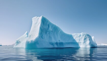 Giant white iceberg in the ocean against a blue sky.