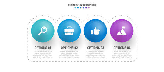 Timeline infographic with infochart. Modern presentation template with 4 spets for business process. Website template on white background for concept modern design. Horizontal layout.