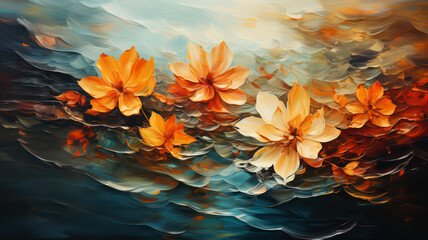 Vivid flowers drifting on gentle waters, bathed in sunset hues - obrazy, fototapety, plakaty