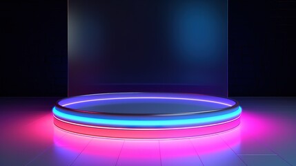 Empty stage, podium, place for product. Colored neon lights. 3d rendering image. Blurred reflections on the floor. Place to present a product. 3d rendering image. Generative Ai