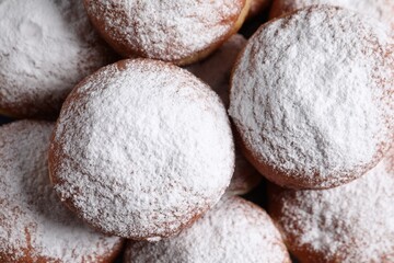 Fototapeta na wymiar Delicious sweet buns as background, top view
