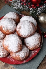 Delicious sweet buns and decor on table, flat lay