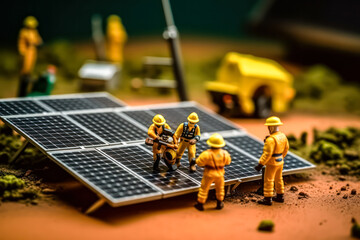 Fototapeta premium Miniature workers near solar panels