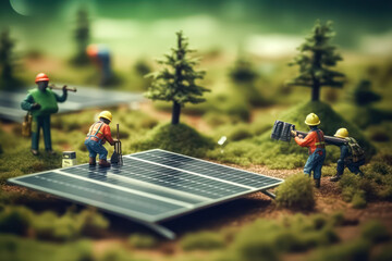Miniature workers near solar panels