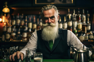Bartender closeup with gray hair, beard and green tie behind the bar counter serving beers on St. Patrick's Day. Irish hospitality and celebration. Generative Ai
