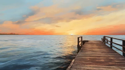 Foto op Plexiglas Beautiful lake water sunset with wooden dock wallpaper © DolonChapa