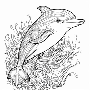 Black White Line art coloring dolphin psyched illustration picture Ai generated art