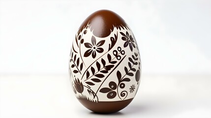 Hand Painted Easter Egg in dark brown Colors on a white Background. Elegant Easter Template with Copy Space