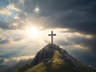 Cross on the top of the mountain with sunset background. holy Cross symbolizing the death and resurrection of Jesus Christ. Generated with AI