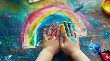 Child drawing rainbow. paint on hands. children's day