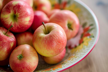 apples in a bowl. Fresh and sweet apple. Fruits for fitness. Wooden plate with red apples. design for fitness shop, food market, restaurant of cafe.