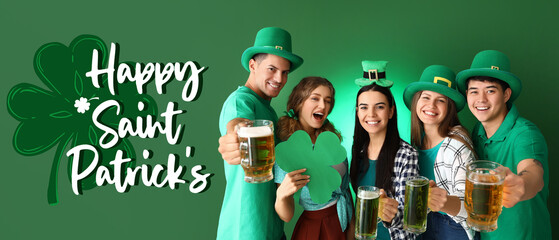 Greeting banner for St. Patrick's Day with friends drinking beer on green background