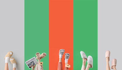 Collage of female legs in soft slippers on color background
