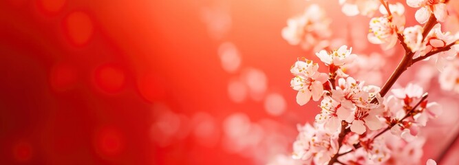 Spring blossom border over red background. Chinese new year nature design.