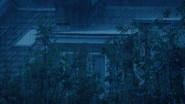 Rain Storm On House Rooftop In The Evening
