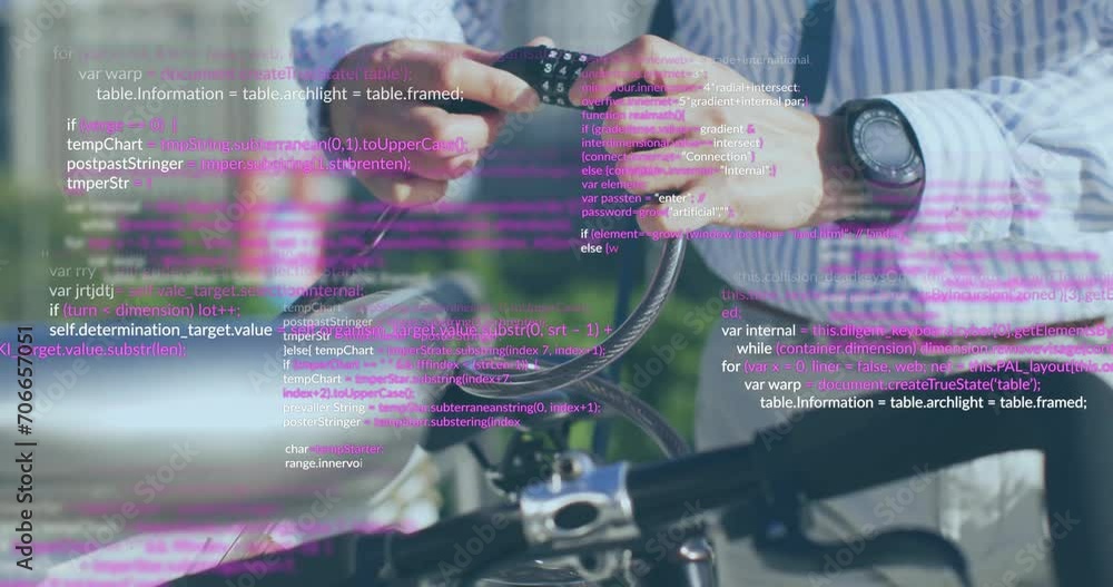 Poster animation of data processing over caucasian businessman locking bicycle