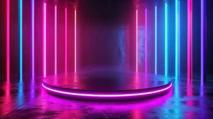 Empty stage, podium, place for product. Colored neon lights. 3d rendering image. Blurred reflections on the floor. Place to present a product. 3d rendering image. Generative Ai