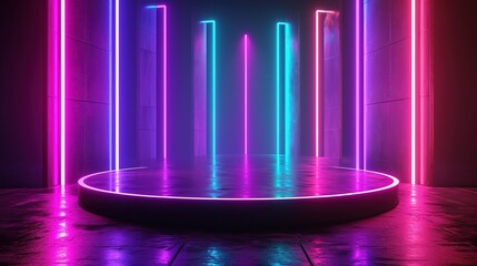 Empty stage, podium, place for product. Colored neon lights. 3d rendering image. Blurred reflections on the floor. Place to present a product. 3d rendering image. Generative Ai