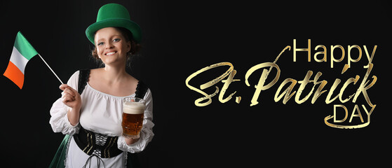 Greeting banner for St. Patrick's Day with beautiful Irish woman drinking beer on black background