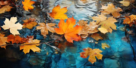 Crisp maple leaves on water, reflecting the essence of fall