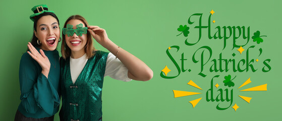 Greeting banner for St. Patrick's Day with beautiful women on green background - obrazy, fototapety, plakaty