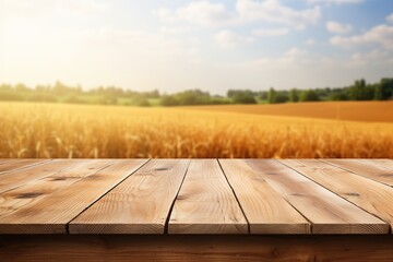 Wooden empty table with blurred wheat field background