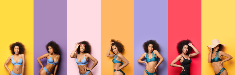 Set of beautiful African-American woman in different swimsuits on color background