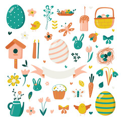 Set of Easter design elements. Eggs, chicken, butterfly, rabbit, tulips, flowers, willow, branches, basket, candles, cake. For holiday decoration and spring greeting cards. Vector illustration