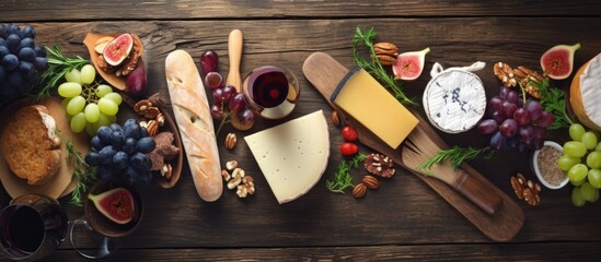 French-style tasting party or feast with various cheeses, wine, bread, fruits, and snacks on a...