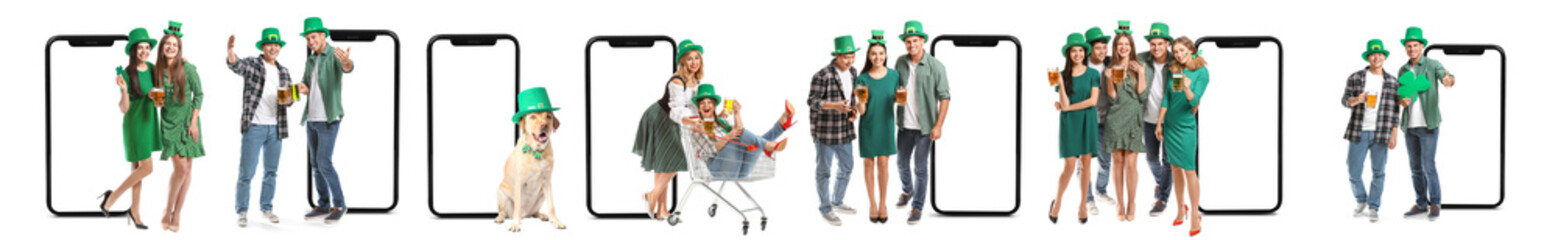 Collage of big smartphones, people and dog on white background. St. Patrick's Day celebration