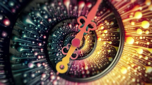 Time Spiral Artistic Depiction Time Machine with Paint Drops, Clock Hands in Eternal Video Loop Background