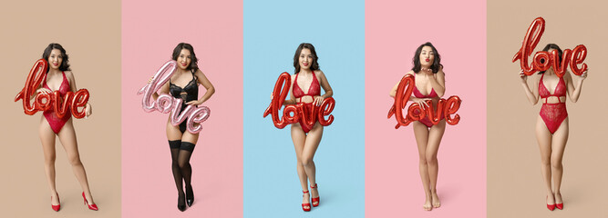 Set of sexy young woman in underwear holding balloon in shape of word LOVE on color background....