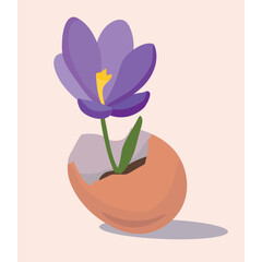 Vector illustration of a crocus growing in an eggshell. Pastel colors, lilac, pink, beige. Easter. For postcards, invitations, children's magazines.