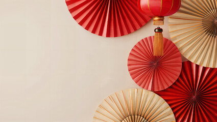 Chinese New Year festival decoration. Red paper fans and lantern on beige background. Traditional Lunar New Year paper art
