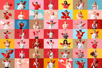 Collection of people dressed as Cupid on colorful background