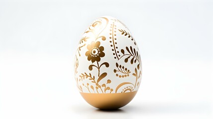 Hand Painted Easter Egg in gold Colors on a white Background. Elegant Easter Template with Copy Space