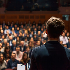 Fototapeta premium Keynote Brilliance: Assembly in a Hall with Singular Focus on a Speaker - A Captivating Moment of Leadership Amidst a Blurred Tapestry of Attendees - Generative AI