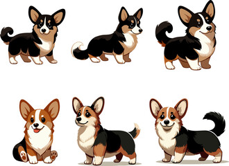 corgi dogs character set in 6 positions, vector illustration isolated on white