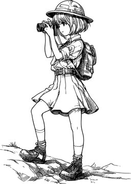 Anime safari girl, exploring taking pictures with her camera, vector art