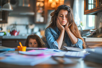 Stressed mother managing finances and work with child at home - obrazy, fototapety, plakaty