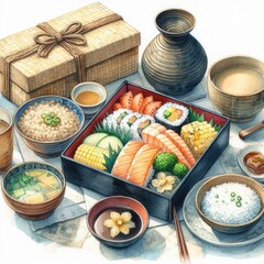 Fototapeta na wymiar Artistic Japanese Sushi: Culinary Delight in Watercolor Creation